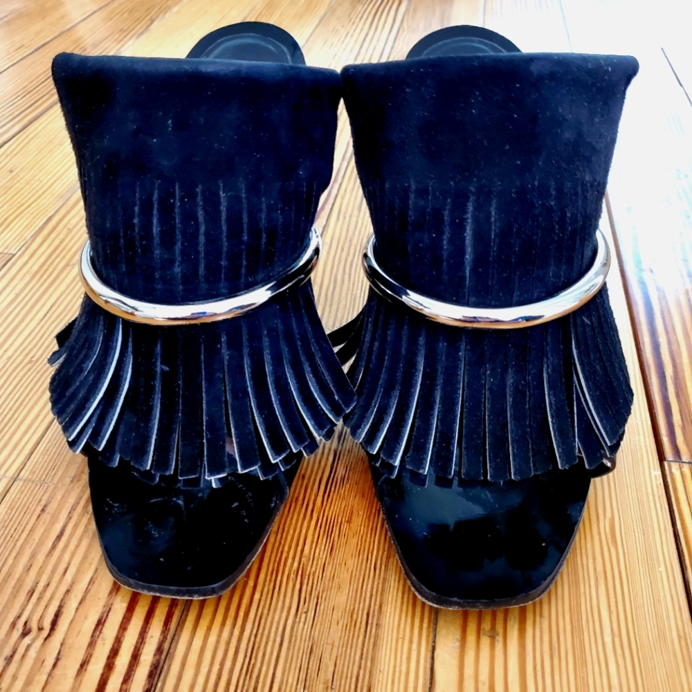 Proenza Schouler Black Suede Fringe Silver Banded Mules